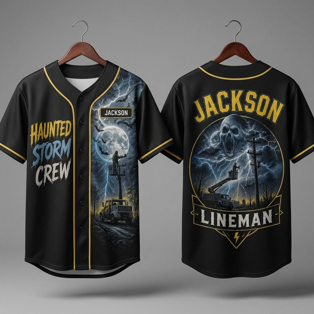 Personalized Haunted Storm Crew Lineman Baseball Jersey - Custom Name Utility Worker Gift