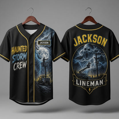 Personalized Haunted Storm Crew Lineman Baseball Jersey - Custom Name Utility Worker Gift