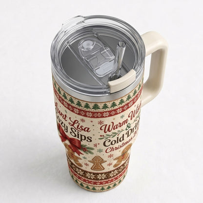 Personalized Christmas Gingerbread 40oz Tumbler with Handle, Custom Name Holiday Gift for Aunt