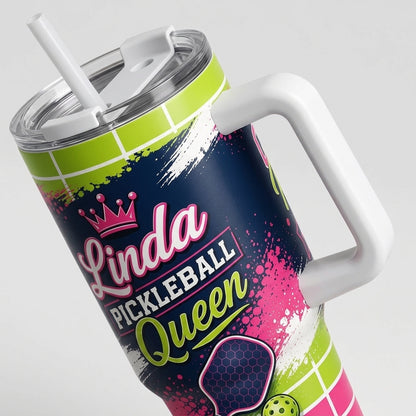 Personalized Pickleball Queen 40oz Tumbler with Handle - Custom Name Court Ready Club Stainless Steel Mug