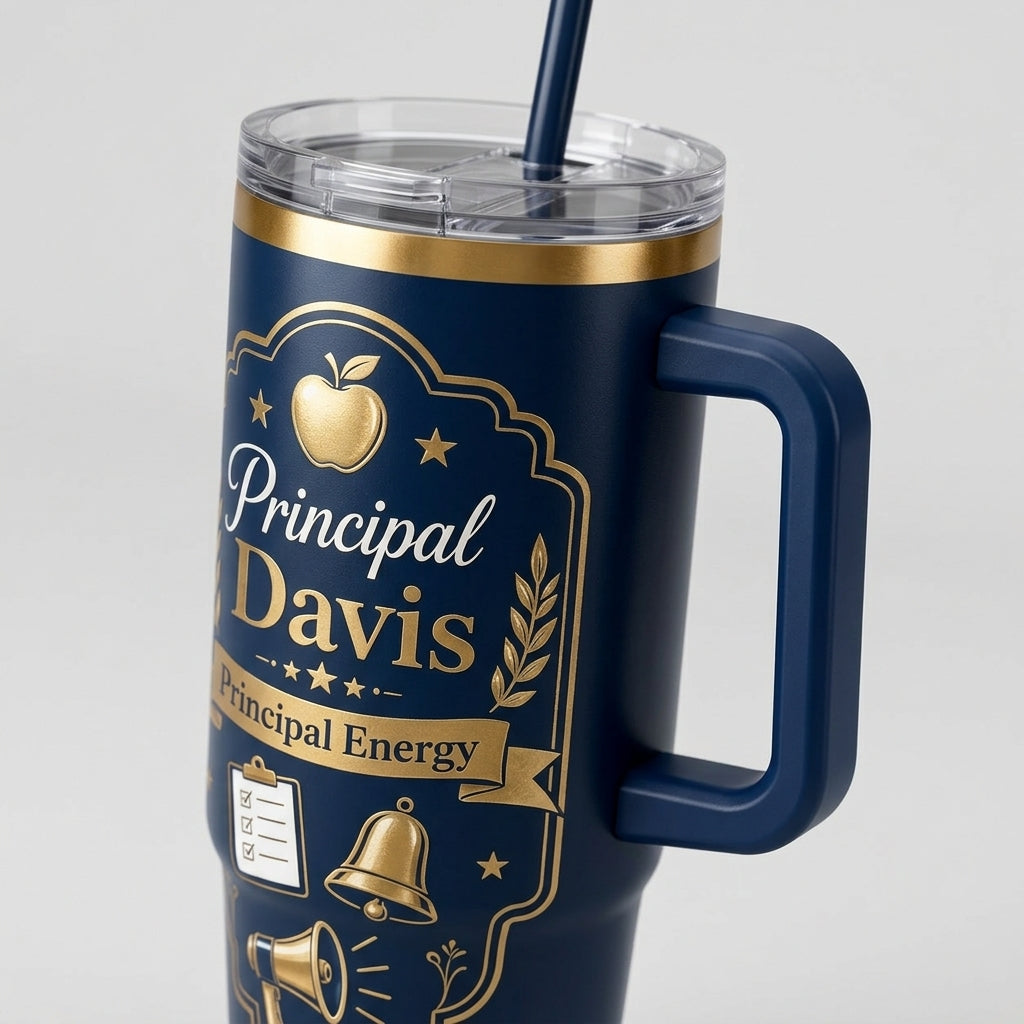 Personalized Principal Gift 40oz Tumbler with Handle - Custom Name School Leader Navy & Gold Travel Mug