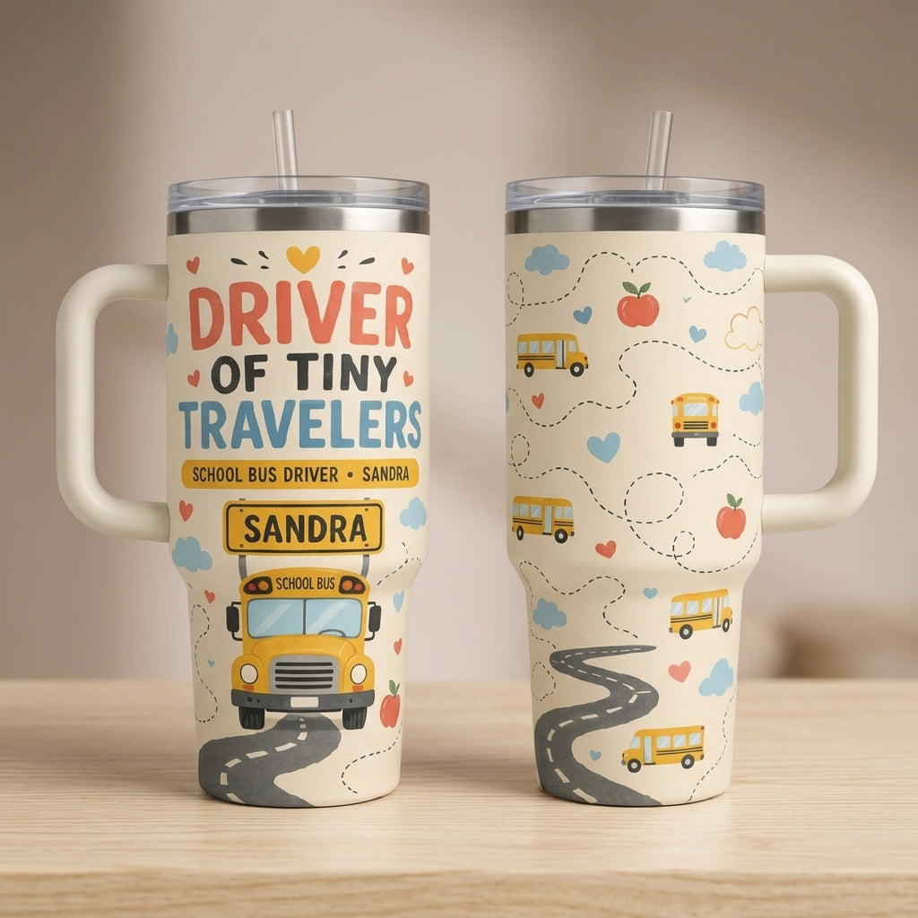 Personalized School Bus Driver 40oz Tumbler with Handle - Driver of Tiny Travelers Custom Name Gift