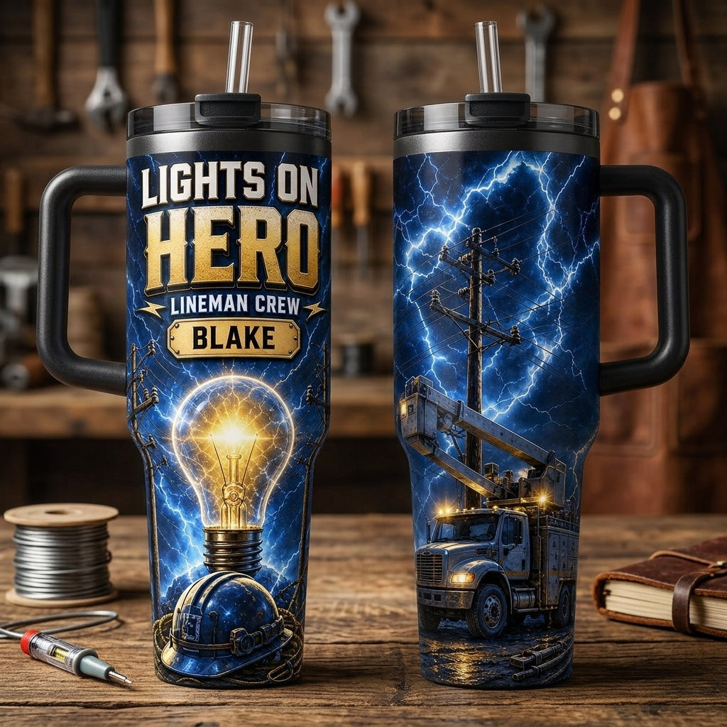Personalized Lineman Hero 40oz Tumbler with Handle - Custom Name Gift for Electrician & Utility Crew