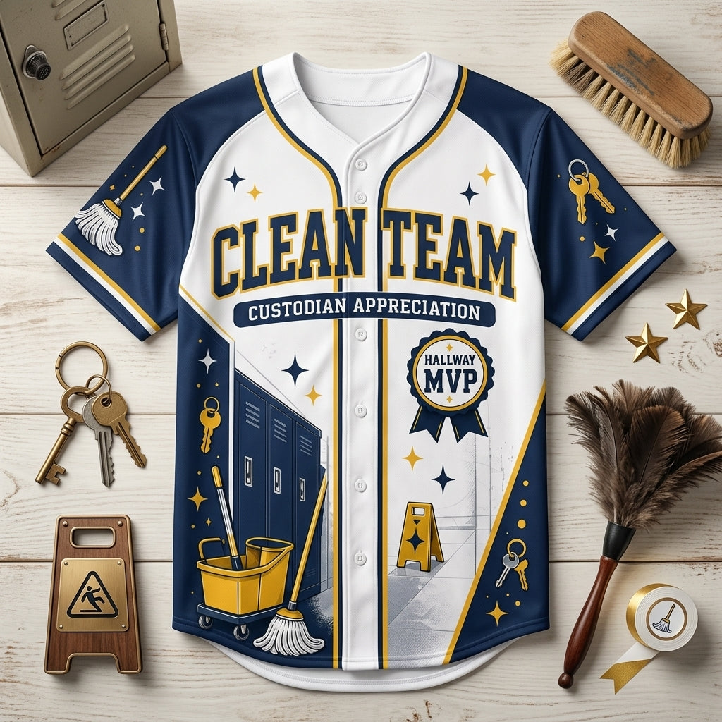 Personalized Clean Team Custodian Appreciation Baseball Jersey - Custom Name Sparkle Crew Hallway MVP Shirt