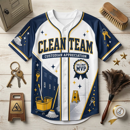Personalized Clean Team Custodian Appreciation Baseball Jersey - Custom Name Sparkle Crew Hallway MVP Shirt