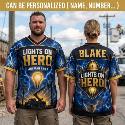 Personalized Lights On Hero Lineman Crew Football Jersey - Custom Name Electrician Gift