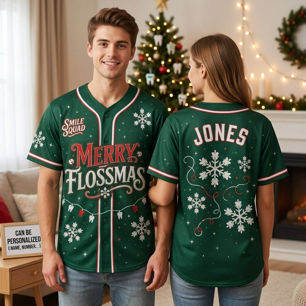 Personalized Merry Flossmas Baseball Jersey - Custom Name Dental Smile Squad Holiday Shirt for Dentists & Hygienists