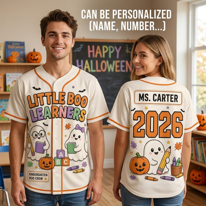 Personalized Little Boo Learners Halloween Baseball Jersey - Custom Teacher Ghost Crew Shirt 2026