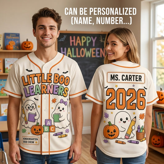 Personalized Little Boo Learners Halloween Baseball Jersey - Custom Teacher Ghost Crew Shirt 2026