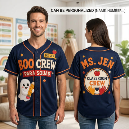 Personalized Boo Crew Para Squad Halloween Baseball Jersey - Custom Teacher Name Classroom Crew Navy Jersey
