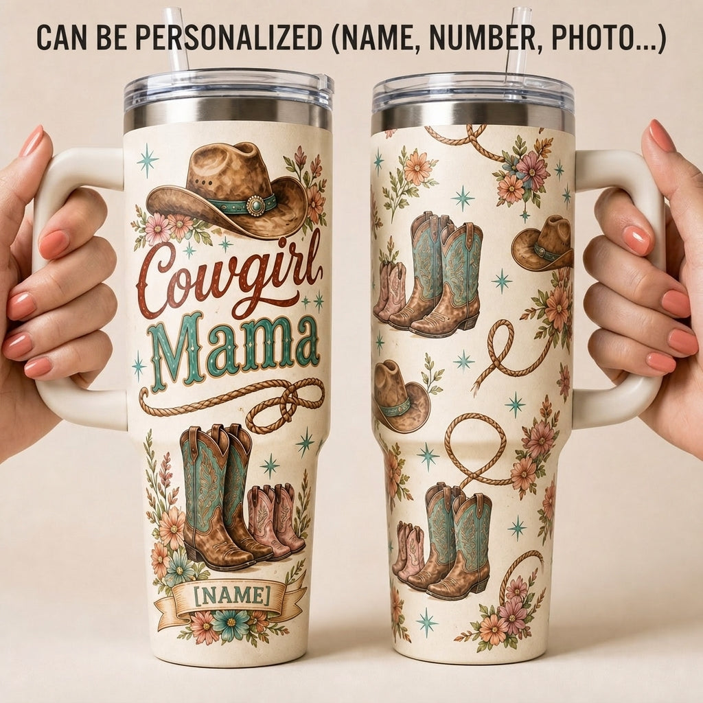 Personalized Cowgirl Mama 40oz Tumbler with Handle - Custom Western Floral Mama Gift - Insulated Travel Mug