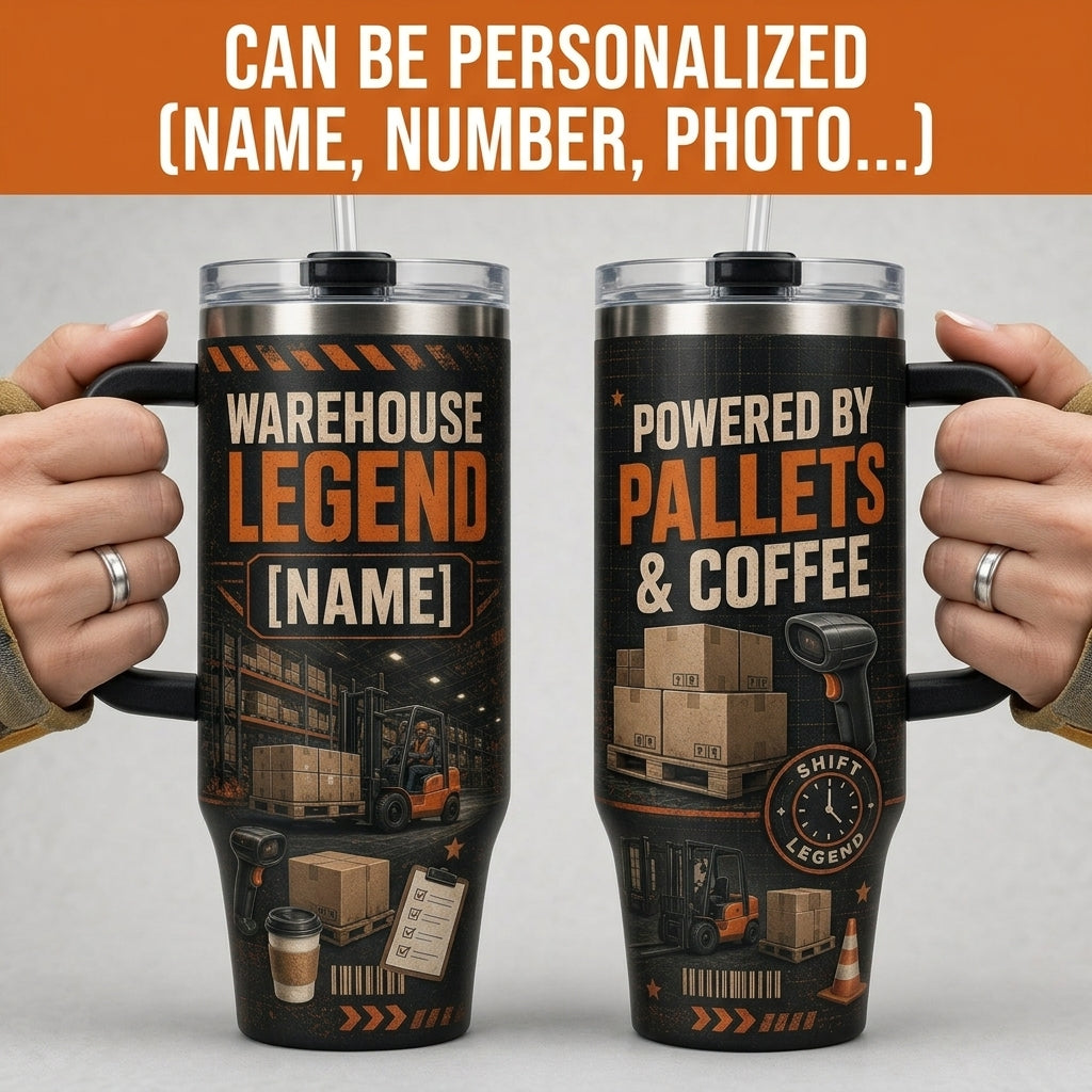 Personalized Warehouse Legend 40oz Tumbler with Handle - Custom Name Gift for Forklift Operator
