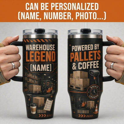 Personalized Warehouse Legend 40oz Tumbler with Handle - Custom Name Gift for Forklift Operator