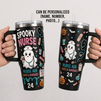 Personalized Spooky Nurse Halloween 40oz Tumbler with Handle - Custom Name Ghost Nurse Boos & Bandages Travel Mug