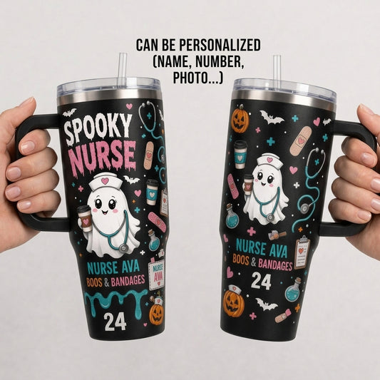 Personalized Spooky Nurse Halloween 40oz Tumbler with Handle - Custom Name Ghost Nurse Boos & Bandages Travel Mug