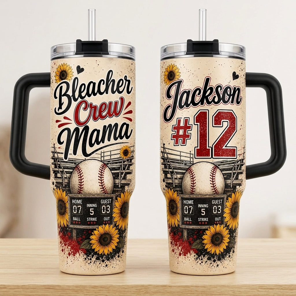 Personalized Bleacher Crew Mama 40oz Tumbler with Handle, Custom Baseball Mom Gift with Name and Number