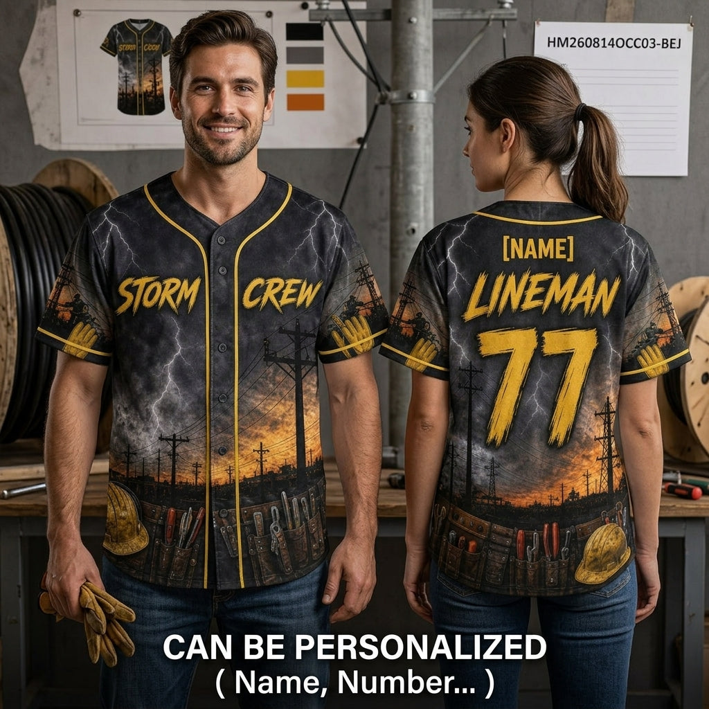 Personalized Lineman Storm Crew Baseball Jersey - Custom Name & Number Utility Worker Full Print Shirt - baseball jersey product view 2