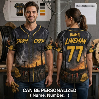 Personalized Lineman Storm Crew Baseball Jersey - Custom Name & Number Utility Worker Full Print Shirt - baseball jersey product view 2