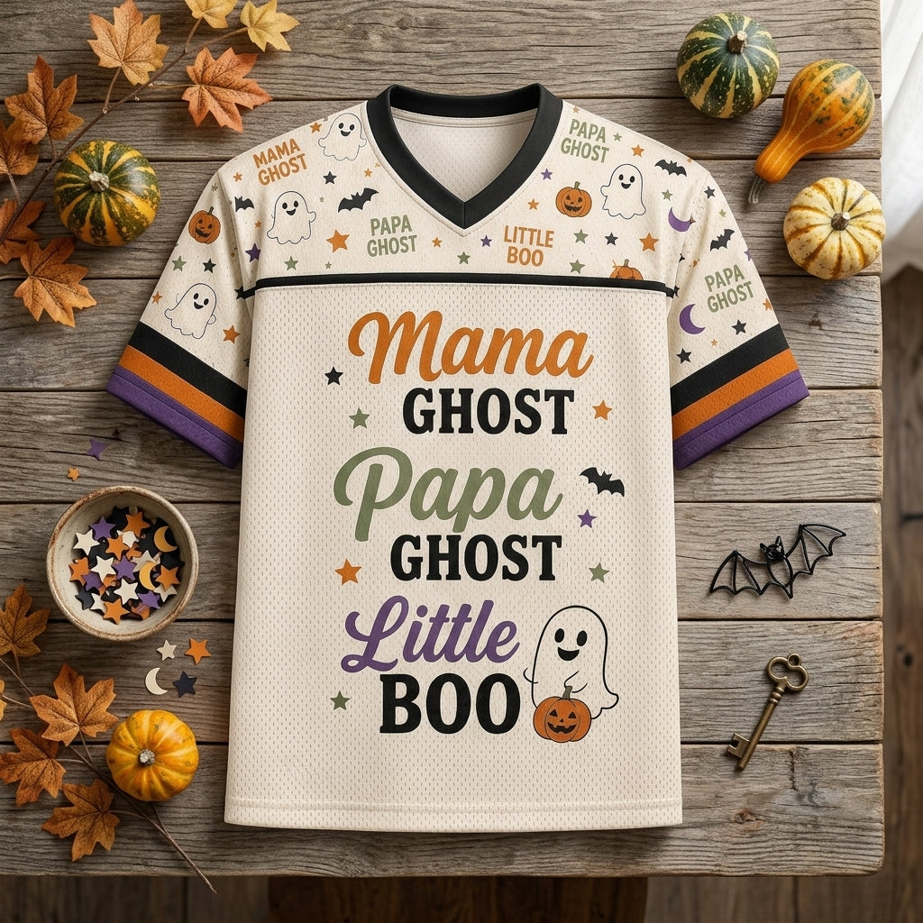 Personalized Family Halloween Football Jersey - Custom Name Ghost Team Jersey for Mama Papa and Little Boo