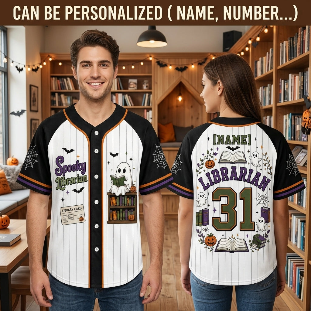 Personalized Spooky Librarian Halloween Baseball Jersey - Custom Name Ghost Bookish Gift for Teachers