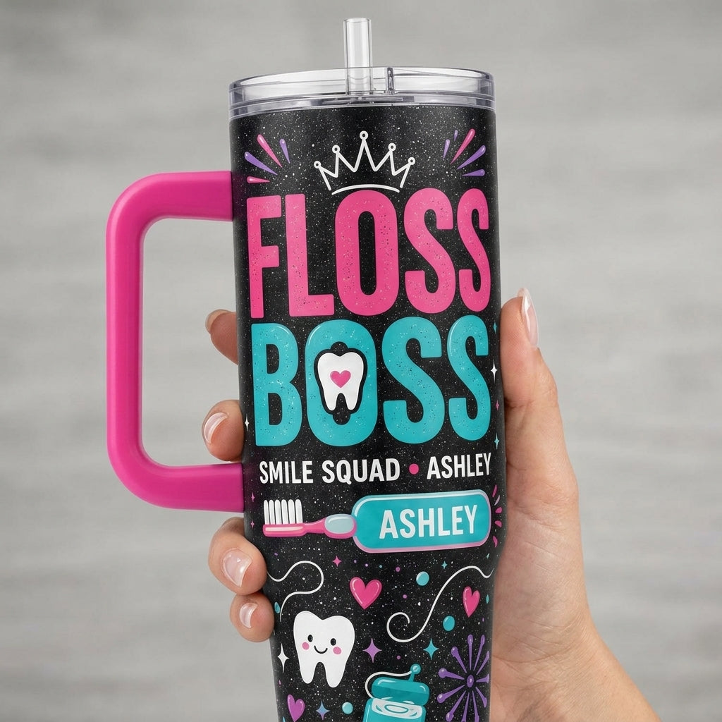 Personalized Floss Boss 40oz Tumbler with Handle - Custom Name Smile Squad Gift for Dental Hygienist