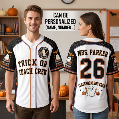 Personalized Trick or Teach Crew Baseball Jersey - Custom Spooky Teacher Halloween Gift for Classroom Boo Crew