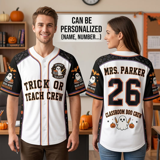Personalized Trick or Teach Crew Baseball Jersey - Custom Spooky Teacher Halloween Gift for Classroom Boo Crew