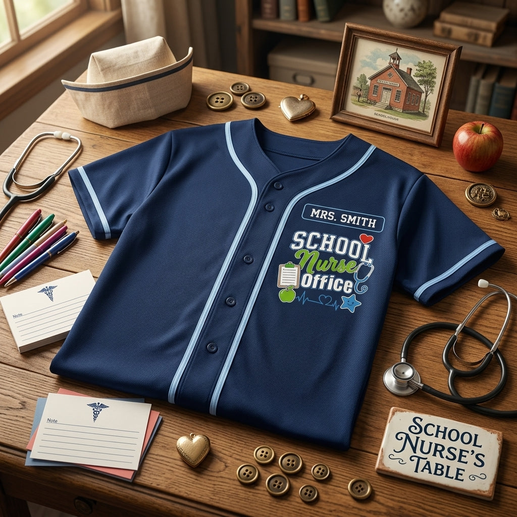 Personalized School Nurse Baseball Jersey - Custom Name Navy Blue Athletic Shirt for School Health Staff - baseball jersey product view 4