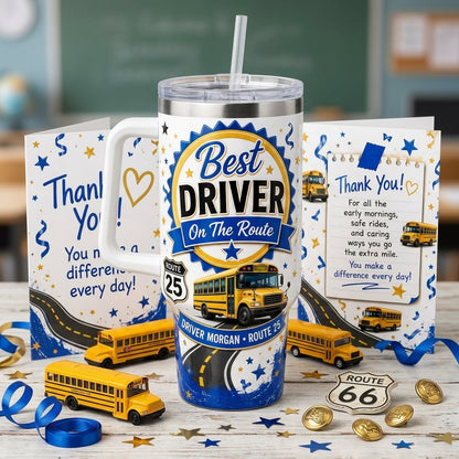 Personalized School Bus Driver 40oz Tumbler with Handle - Custom Name Appreciation Gift