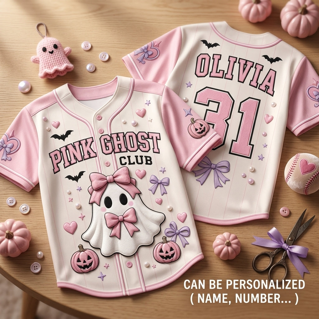 Personalized Pink Ghost Club Baseball Jersey - Custom Name and Number Kawaii Coquette Halloween Outfit