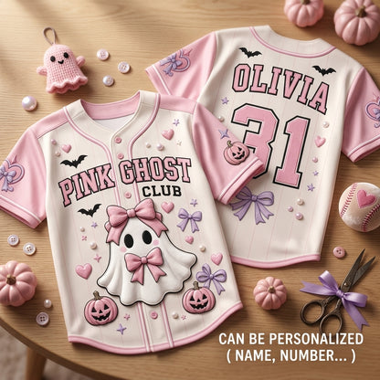 Personalized Pink Ghost Club Baseball Jersey - Custom Name and Number Kawaii Coquette Halloween Outfit