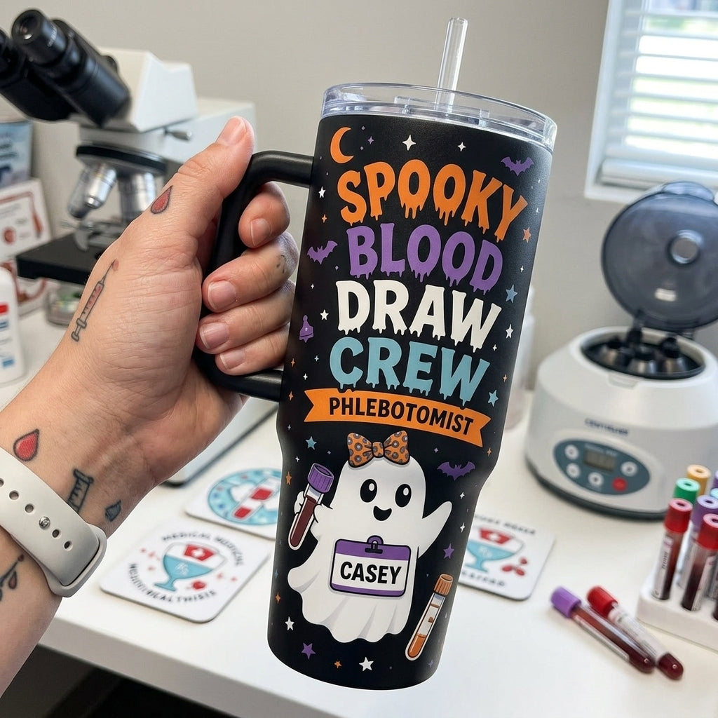 Personalized Phlebotomist Spooky Blood Draw Crew 40oz Tumbler with Handle, Custom Name Halloween Medical Gift
