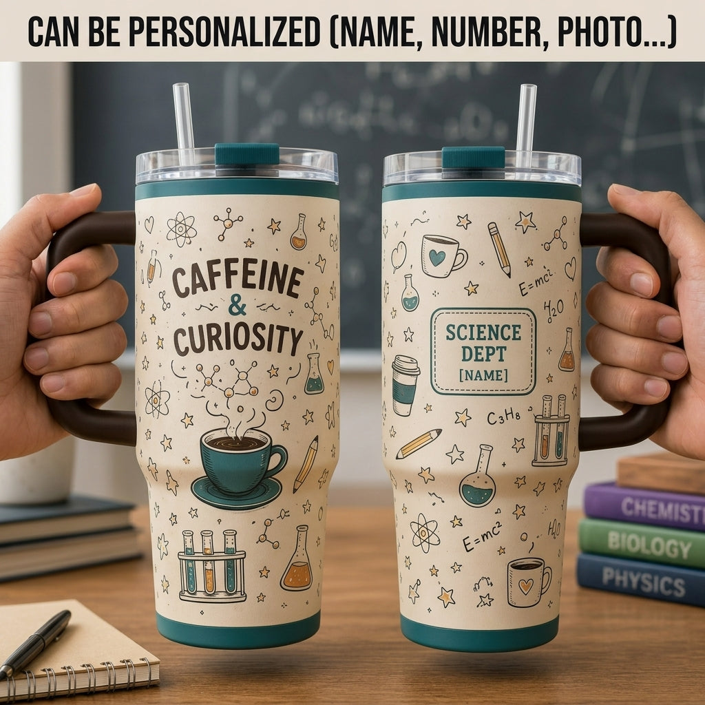 Personalized Caffeine & Curiosity 40oz Tumbler with Handle - Custom Science Teacher & STEM Gift Travel Mug