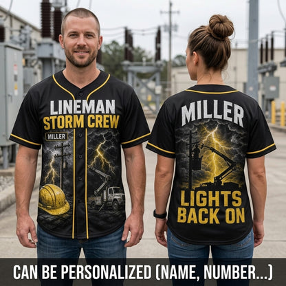 Personalized Lineman Storm Crew Baseball Jersey - Custom Name Utility Worker Lights Back On Apparel