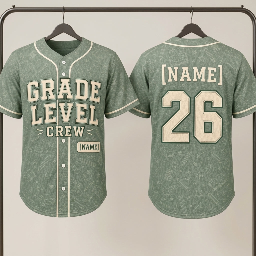 Personalized Grade Level Crew Baseball Jersey - Custom Teacher School Spirit Shirt with Name and Number - Sage Green