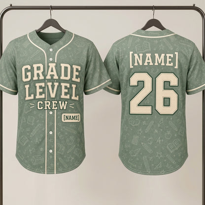 Personalized Grade Level Crew Baseball Jersey - Custom Teacher School Spirit Shirt with Name and Number - Sage Green