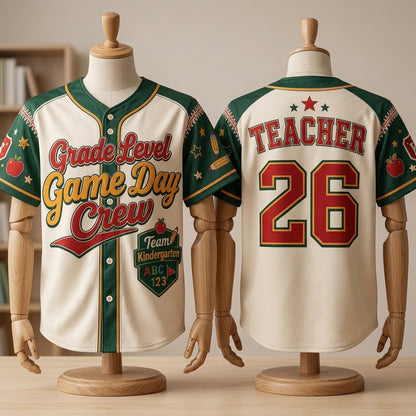 Personalized Grade Level Game Day Crew Teacher Baseball Jersey - Custom Name and Number School Spirit Shirt
