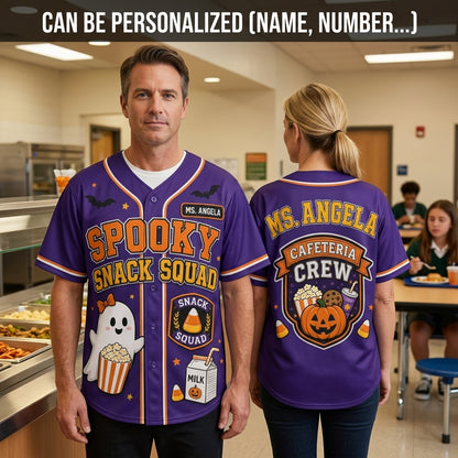 Personalized Spooky Snack Squad Baseball Jersey - Custom Name Halloween Cafeteria Crew Team Shirt