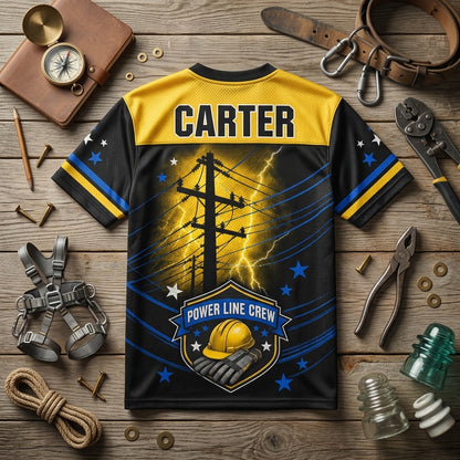 Personalized Lineman Power Line Crew Football Jersey - Custom Name Electrical Worker Mesh Apparel