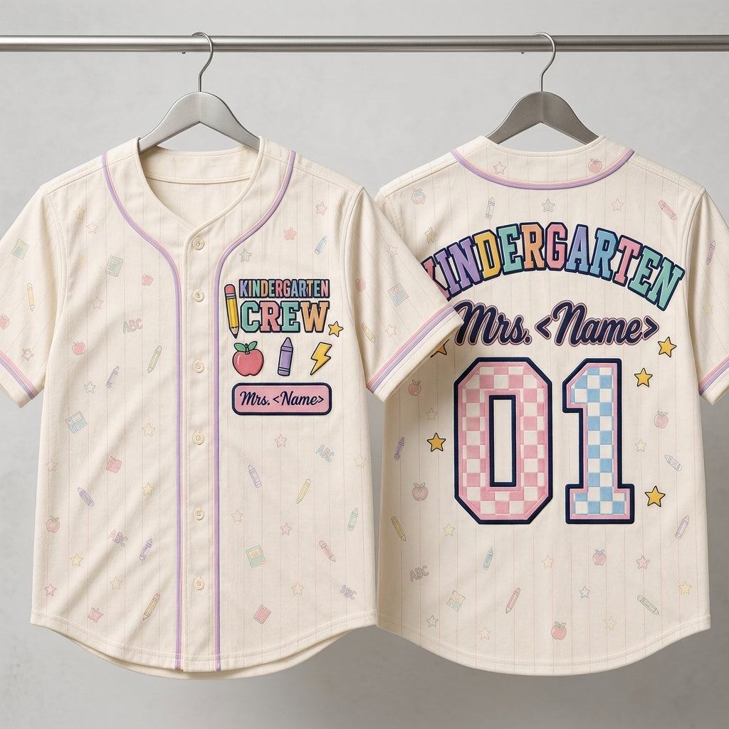Personalized Kindergarten Crew Baseball Jersey - Custom Teacher Name and Number Back to School Spirit Shirt