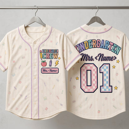 Personalized Kindergarten Crew Baseball Jersey - Custom Teacher Name and Number Back to School Spirit Shirt