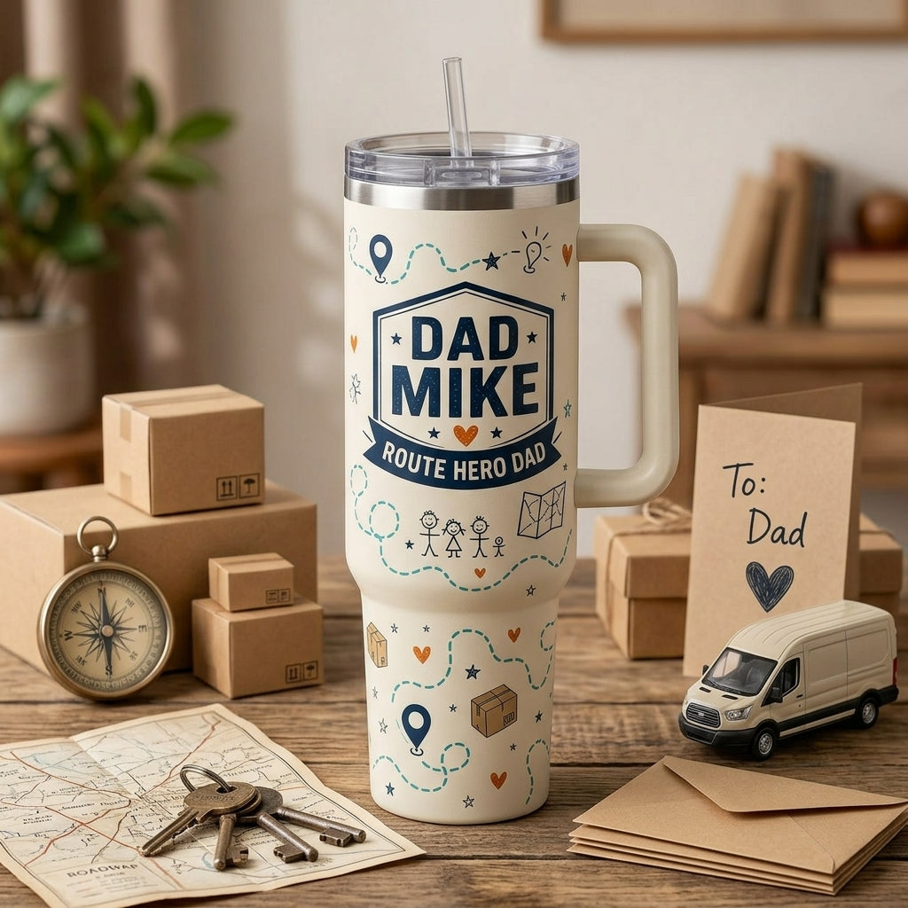 Personalized Best Delivery Dad Ever 40oz Tumbler with Handle - Custom Name Route Hero Gift