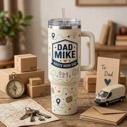 Personalized Best Delivery Dad Ever 40oz Tumbler with Handle - Custom Name Route Hero Gift