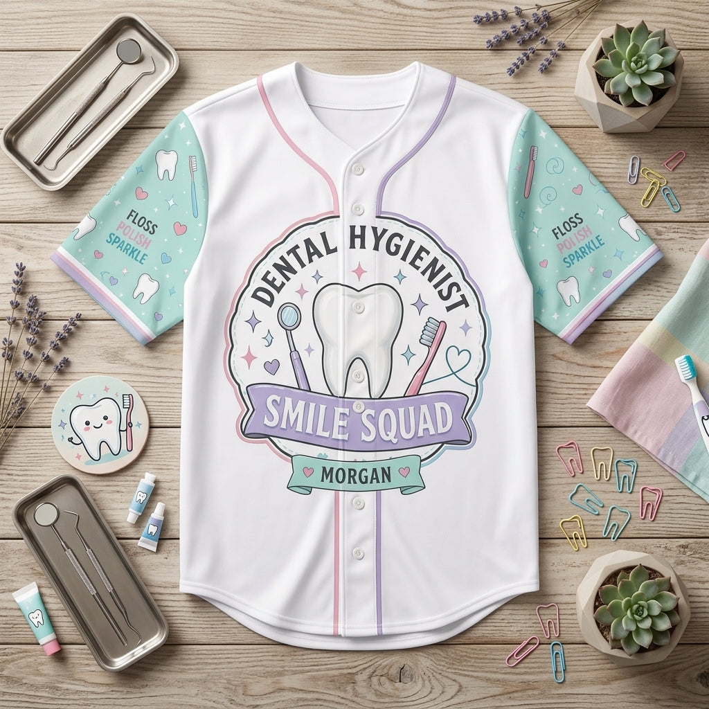 Personalized Dental Hygienist Smile Squad Baseball Jersey - Custom Name Dental Assistant Office Crew Gift