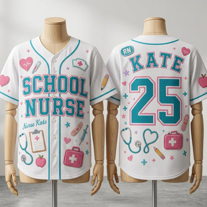 Personalized School Nurse Baseball Jersey - Custom Name and Number RN Medical Team Shirt - White Athletic Jersey