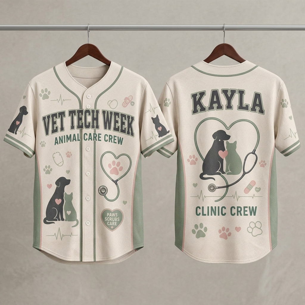 Personalized Vet Tech Week Baseball Jersey - Custom Name Animal Care Crew Clinic Uniform for Veterinary Staff