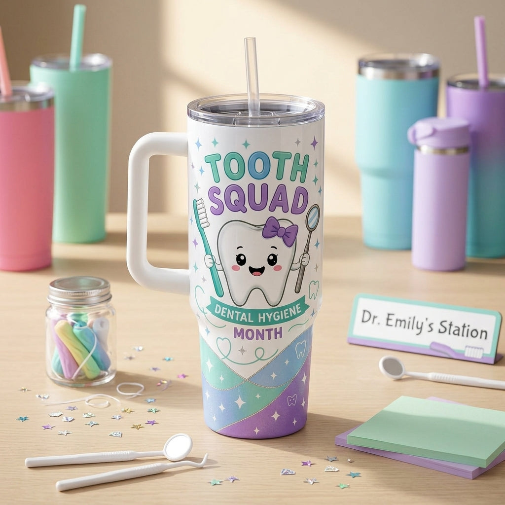 Personalized Tooth Squad 40oz Tumbler with Handle - Custom Name Dental Hygiene Month Gift