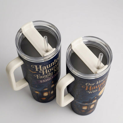 Personalized Haunted House Family Night 40oz Tumbler with Handle - Custom Name Halloween Gift