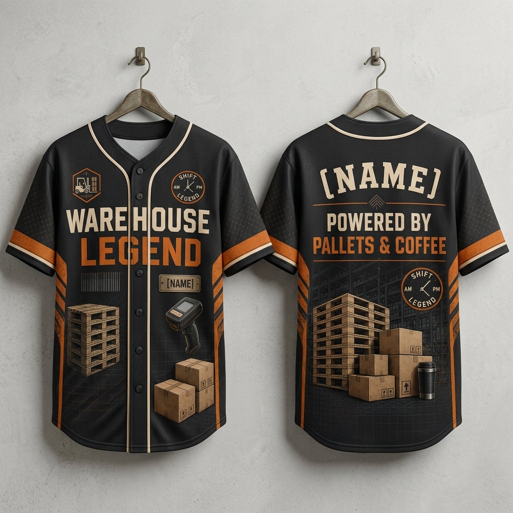 Personalized Warehouse Legend Baseball Jersey - Custom Name Logistics Gift Powered by Pallets and Coffee - baseball jersey product view 3