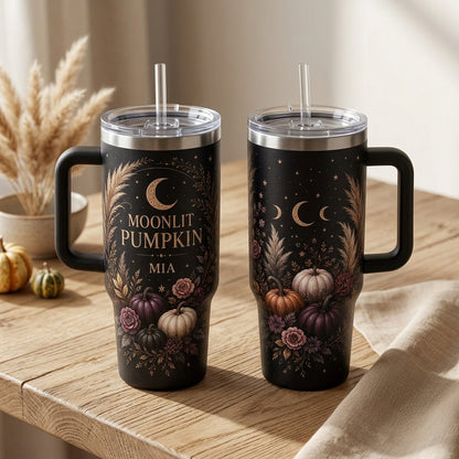 Personalized Moonlit Pumpkin 40oz Tumbler with Handle, Custom Name Celestial Fall Autumn Travel Mug